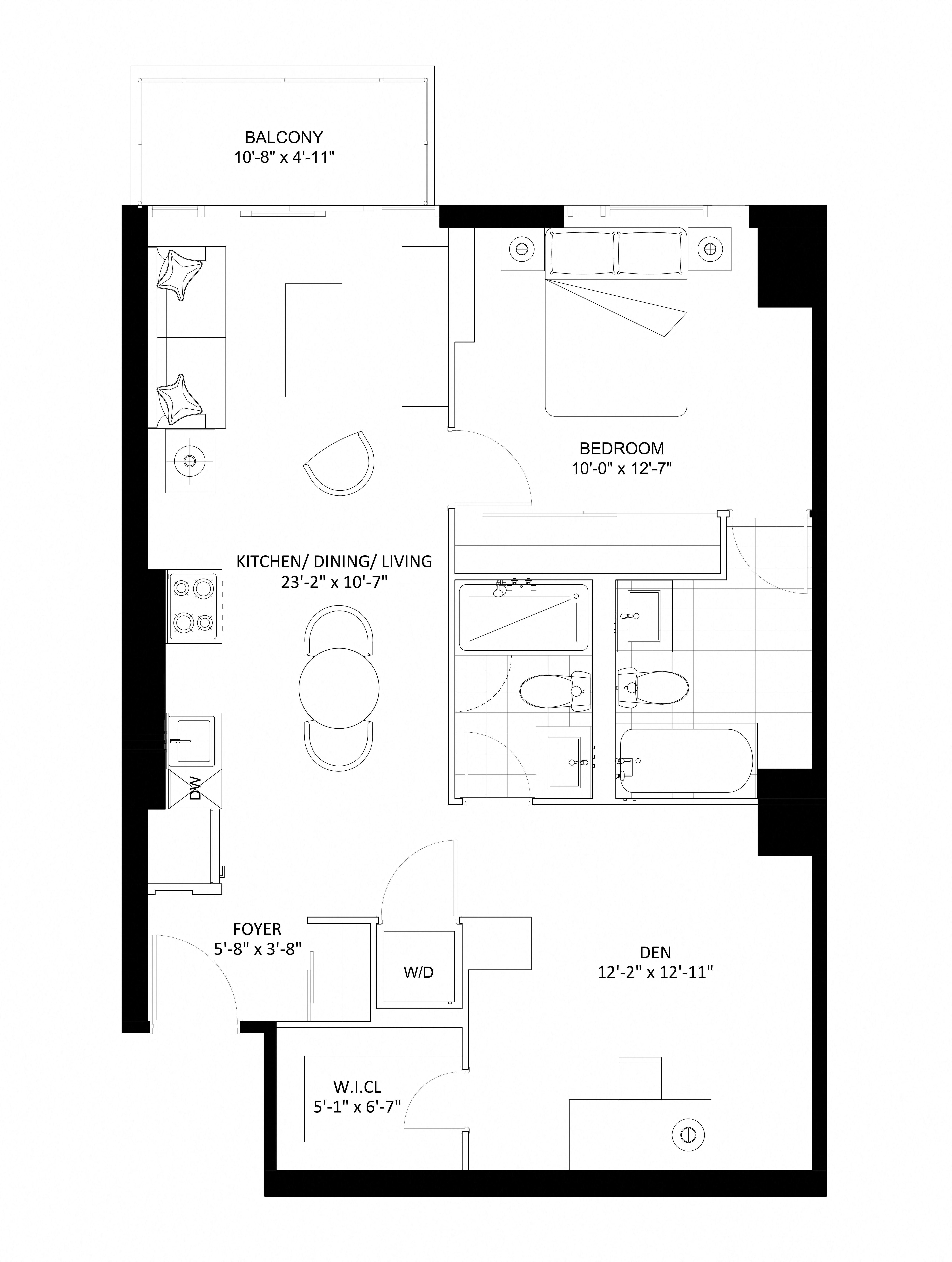 Floor plan for 1 bed, 2 baths, 809 sqft